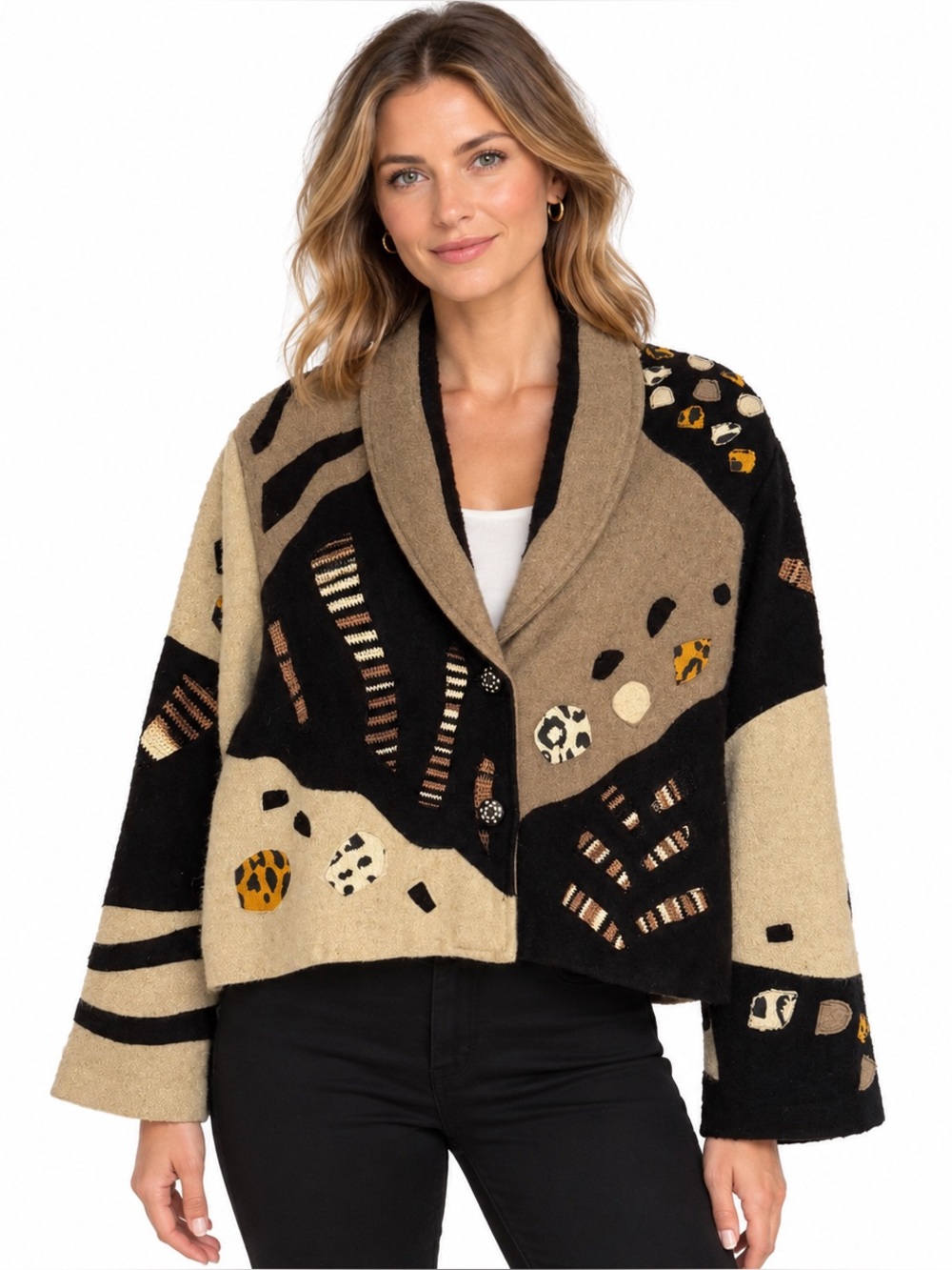 Vintage Sandy Starkman Jacket Blazer Wool Large Animal Patchwork Art To Wear